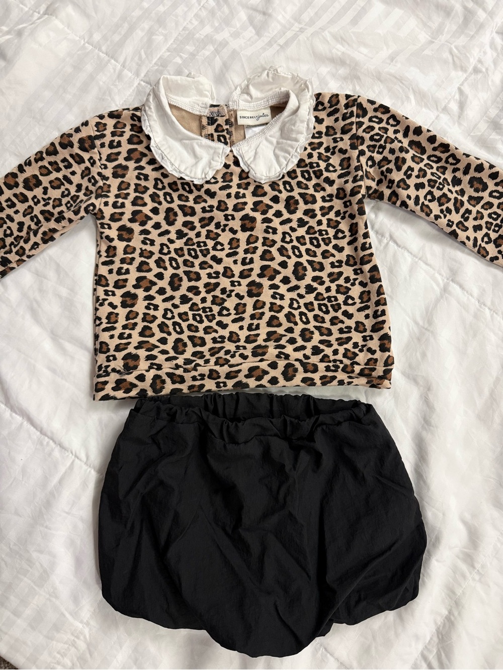 Mini Rodini Leopard Print Top with White Collar & Black Bloomers
